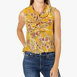 Tahari Floral Sleeveless Button Up Ruffle Blouse